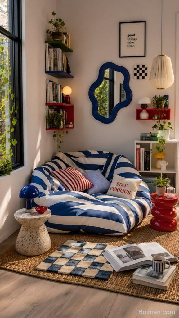 blue and white striped couch