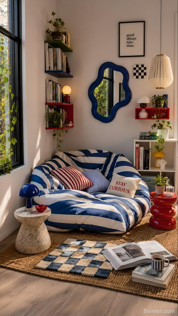 blue and white striped couch