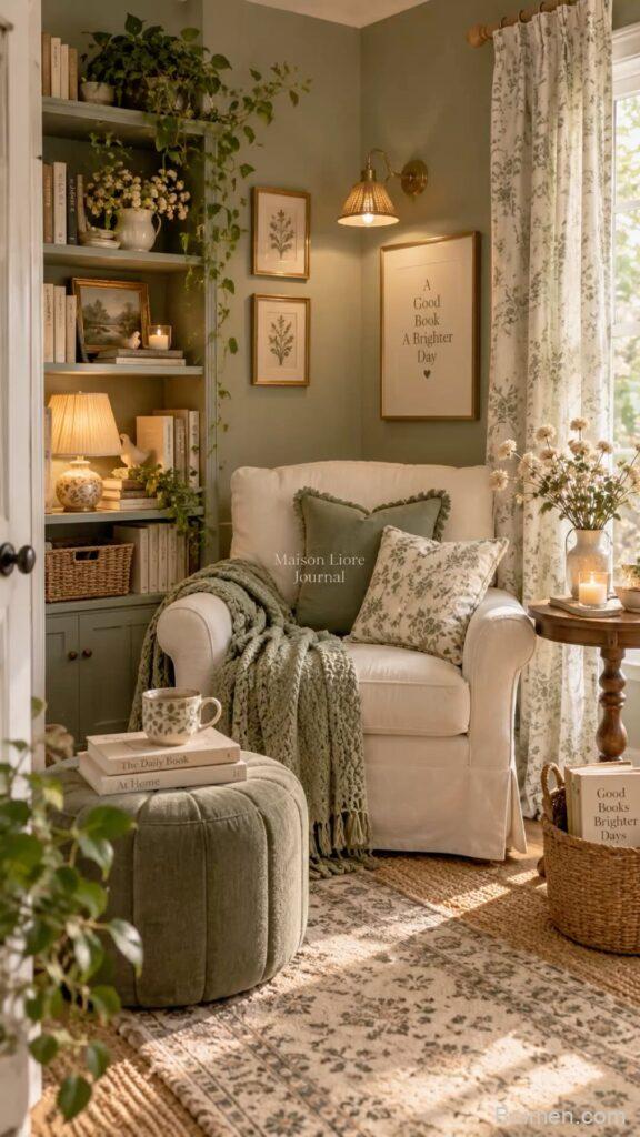 sage green reading nook