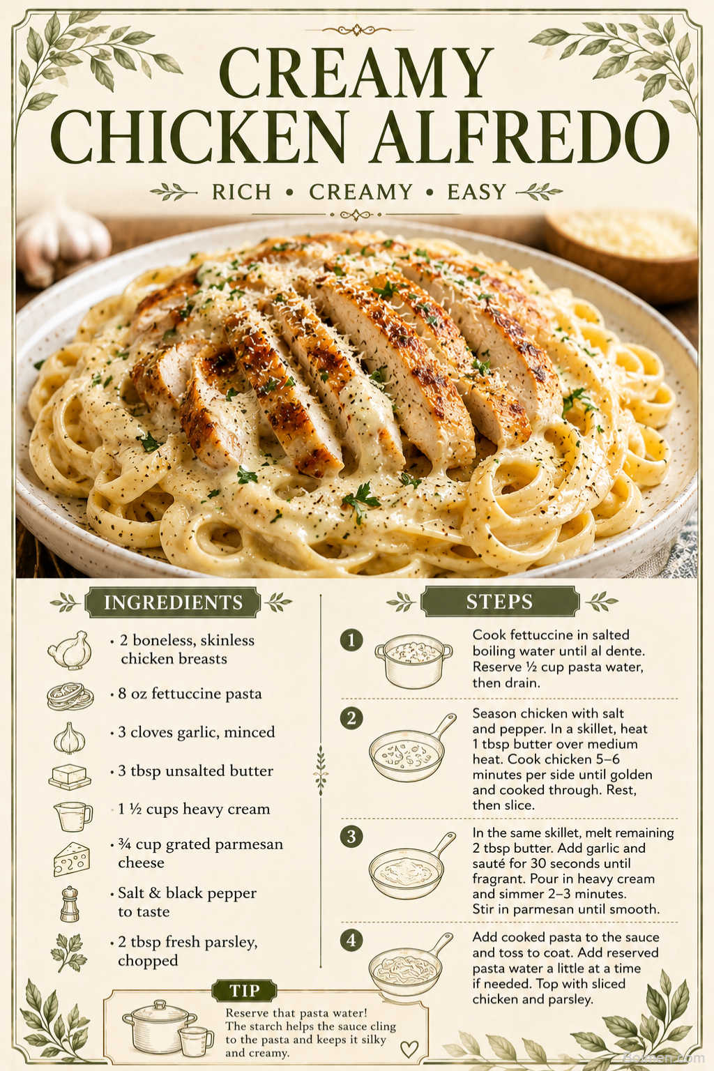 Creamy Chicken Alfredo Recipe | Easy Garlic Parmesan Fettuccine